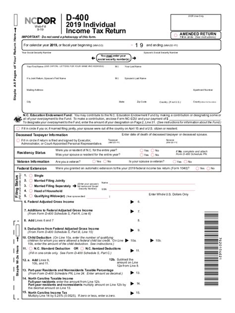 Instructions for Form D-400 N.C. DeparTmeNT oF reveNue, p.o. Box 25000, raleIgh, NC 27640-0100. Join over 3 million taxpayers that filed their North Carolina income taxes electronically last year - it improves processing, saves time, and reduces cost. Our NCDOR website offers. 