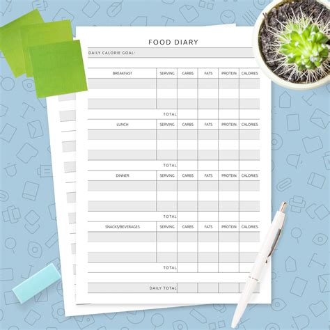 Formal Food Diary Template Template - Printable PDF - Printsbery