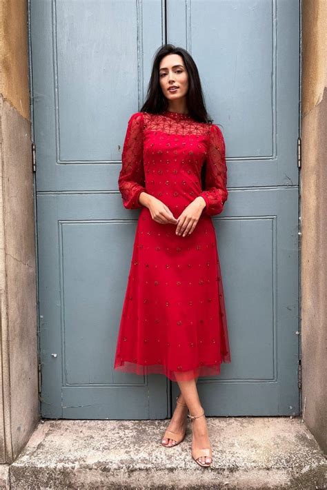 Formal Red Mesh Patch Beaded Long Sleeve Midi Dress