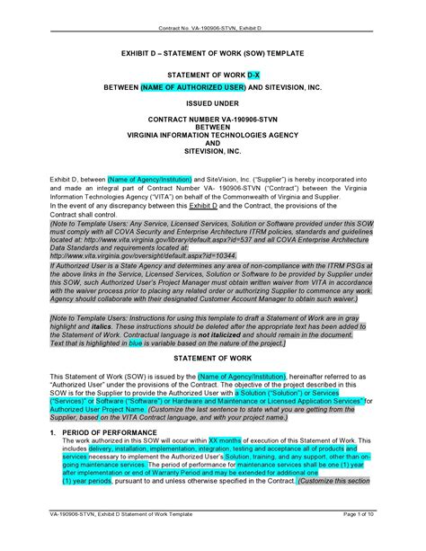 Format A Statement Of Work Sow Template Business Format