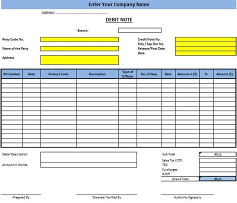 Format Of Debit Note Template In Excel