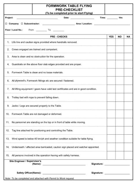 Formwork Table PreFlying Construction Checklist Construction