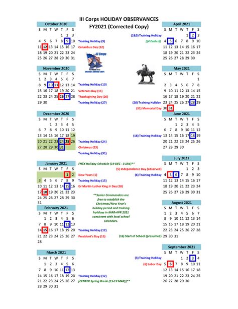 Fort Hood Training Calendar