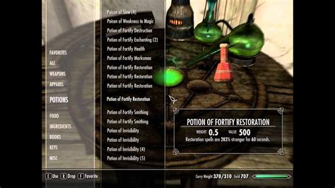 Potions are consumable items in The Elder Scrolls V: Skyrim that produce temporary effects on the Dragonborn. Potions can be created at an Alchemy Lab using ingredients and the Alchemy Skill. For information on non-created potions—those which appear in vendors' inventories, loot, and so forth, and are not made by the Dragonborn—see Potions (Skyrim). Main article: Ingredients (Skyrim ... . 