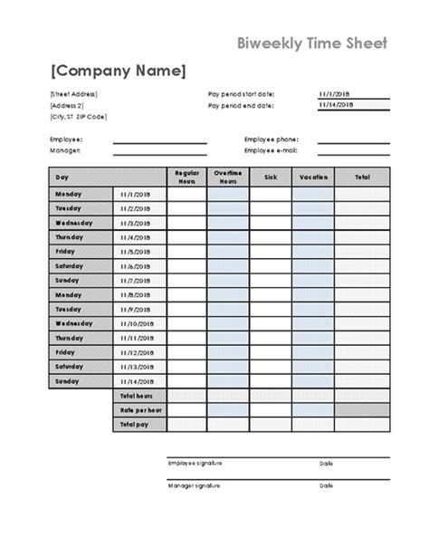 Fortnightly time sheet with sick leave and holiday (with sample data)