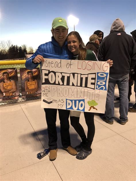Make your promposal unforgettable with this unique Fortnite-themed idea. Show your creativity and love for the game with this fun and exciting promposal idea. ... hoco proposal, homecoming, hoco, fortnite, hoco2018. brittniii. Cute Prom Proposals. Promposal. School Dances. Fortnite promposal. K. kayla heizer. Friends. Meagan Walden Lamb. Gifts ...