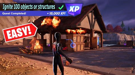 Fortnite ignite 100 objects. Collect a Firefly Jar. Head to closeby structures. Throw the Firefly Jars at the structures to ignite them. Alternatively, you can also visit gas stations and damage a gas pump to make it explode. This will start a chain of explosions that will ignite most nearby structures. Gas cans can also be struck to set structures on fire. 