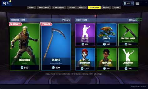 Fortnite shop tabs.  Check daily item sales, cosmetics, patch notes, wee...