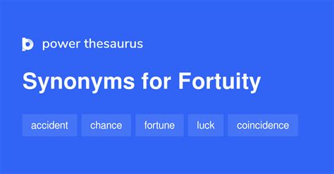 Fortuity synonym. fortuity (countable and uncountable, plural fortuities) (uncountable) The state of being fortuitous. A fortuitous event; an accident. Synonyms (fortuitous state): fortuitousness, luck; see also Thesaurus:luck; Antonyms (fortuitous state): adverseness, unluckiness, unfortunateness (fortuitous event): adversity, misfortune, nakba 