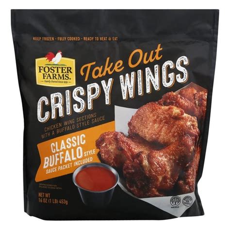 Foster farms chicken wings. Heat frozen wings for 20 - 22 minutes. For extra crispy wings, cook for another 5 minutes at 450 degrees F. Convection Oven: Preheat oven to 400 degrees F. Spray foil-lined baking sheet with a non-stick spray or line with parchment paper. Heat frozen wings for 14 - 16 minutes. 