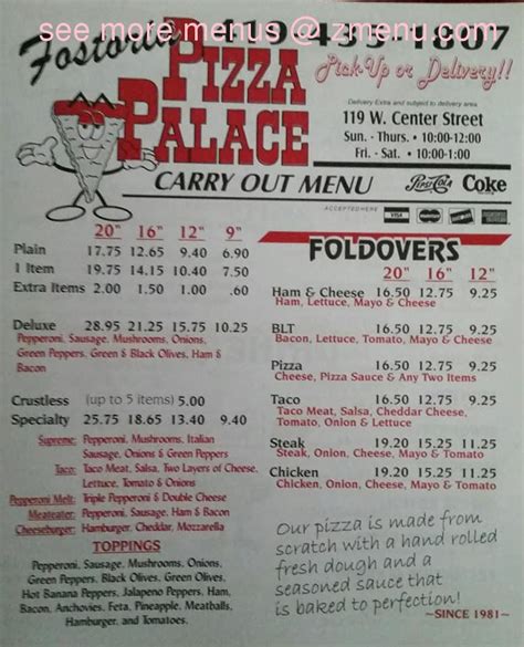Fostoria pizza palace menu. Fostoria Pizza Palace / Pizzeria, Restaurant #12 of 97 places to eat in Fostoria. Open now 10AM - 10PM. Pizza $$$$ Whistle Stop Deli #14 of 97 places to eat in Fostoria. Open now 10AM - 7PM. Delis $$$$ Just stopped in for a sandwich for lunch and walked out with a Mama’s Sweet Reuben. 