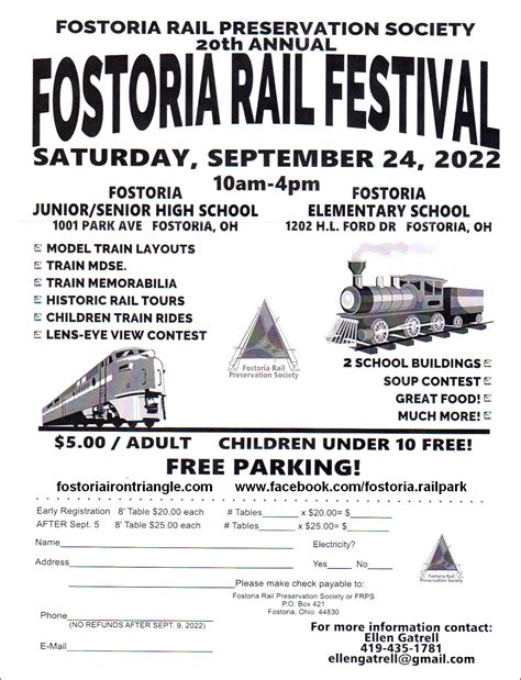 1001 Park Ave. Fostoria, OH 44830. Join the Fostoria Rail Preservation Society for their 22nd Annual Fostoria Rail Festival on Saturday, September 28, 10 AM - 4 PM. $5/person, children under 10 are free! Free parking! Model train layouts. Train MDSE. Train memorabilia. Train ride. Lens-eye view photo contest. 2 school buildings. Soup contest.. 