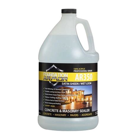 34 results for "foundation armor concrete sealer" Results. Amazon's Choice for foundation armor concrete sealer. 5 GAL Armor AR350 Solvent Based Acrylic Wet Look Concrete Sealer and Paver Sealer. 4.6 4.6 out of 5 stars (1,689) $224.39 $ 224. 39 ($0.35/Fl Oz) FREE delivery Wed, Apr 12 . Small Business.. 