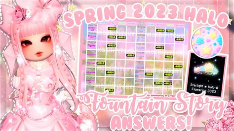 Fountain answers 2023 spring. To improve your chances of getting the Spring 2023 Halo in Royale High, we have created a list of answers to help you (thanks, Mafalda3p0rbx on Twitter). Remember, the odds of … 