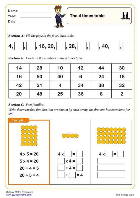 Four Times Table Worksheet Years 3 And 4