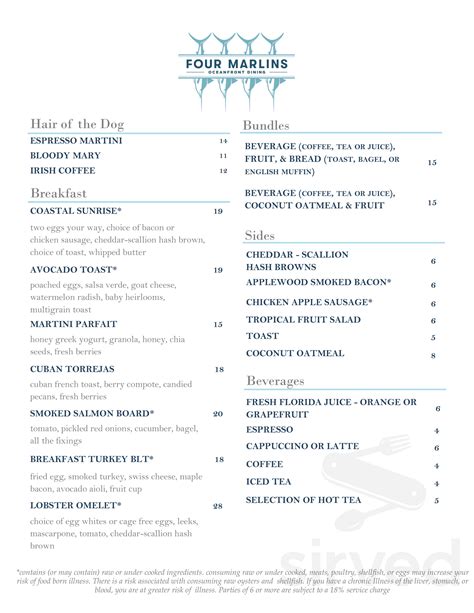 Four marlins oceanfront dining menu. Find out what's popular at Four Marlins Oceanfront Dining in Key West, FL in real-time and see activity ... Four Marlins Oceanfront Dining Restaurant. Key West, FL ... 