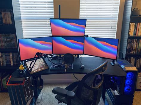 Four monitor setup. For Windows, it's simply a matter of dragging the window you choose to an edge or corner and letting the operating system do the rest. For MacOS, a long-click or hover over the green full-screen ... 