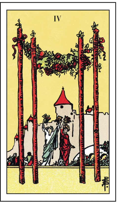 The Four of Wands is the card of marriage, weddings, parties, reunions, stability, home, and belonging. The card depicts a couple dancing beneath a wreath tied between four wands. The card represents the joy and satisfaction that comes with achieving an important life milestone, such as marriage. The Four of Wands reminds us that life is about .... 