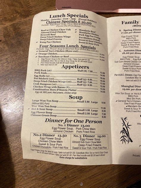 Menu Dinner Specials. Dinner For 2 $26.25. 2 Egg Rolls Chicken Chow Mein Sweet & Sour Spare Ribs Barbecue Pork Fried Rice. Dinner for 3 $41.45. 3 Egg Rolls ... 4 Seasons Mixed Vegetables $8.55 Includes broccoli, green peppers, onions, carrots, mushrooms and bok choy Mandarin Fried Shrimp $12.25. 