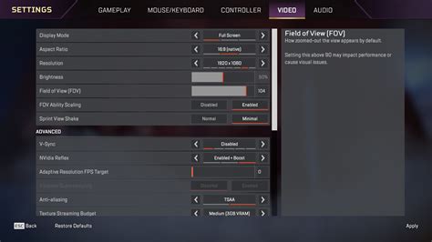 Faide’s sensitivity and settings in Apex Legends. ... FOV Ability Scaling: Disabled; Sprint View Shake: Minimal; V-Sync: Disabled; Nvidia Reflex: Enabled + Boost; Adaptive Resolution FPS Target: 0;. 