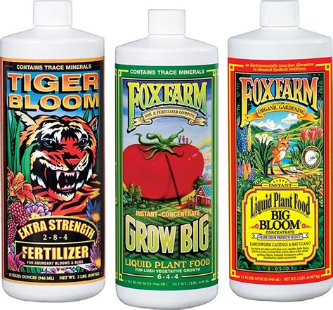 Fox farms. 6 - 4 - 4. Get your garden going with Grow Big ®, our liquid concentrate fertilizer that supports lush vegetative growth. Our special brew is designed to enhance plant size and structure, allowing for more abundant fruit, flower and bud development. It is formulated with a low pH to maintain stability in storage and keep micronutrients available. 