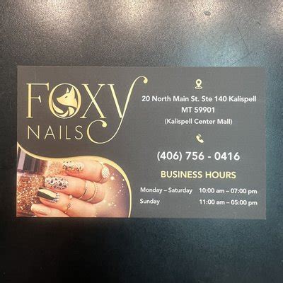 Foxy nails kalispell mt. Enjoy champagne, cocktails, and charcuterie delivered straight to you during your salon service. You can place a VIP event request today by booking 6 or more Mademoiselle or higher pedicures. Submit your VIP event request below. Ritzy MT. 116 S MAIN STREET. KALISPELL, MT 59901. Ritzy Montana is in no way affiliated with The Ritz-Carlton Hotel ... 