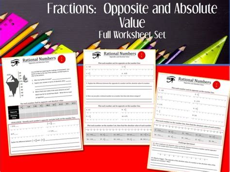 Fractions Opposites and Absolute Value Full Worksheet Set Teaching