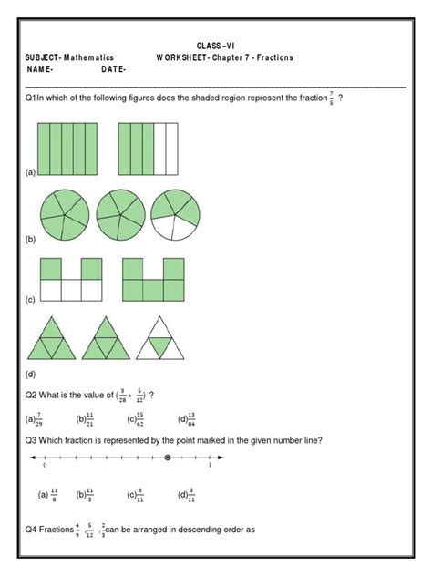 Fractions class 6 worksheet pdf.  Write a fraction for representing the missing p...
