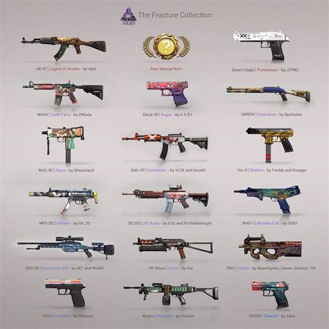 Fracture case csgo. Paris 2023 Tournament Stickers. 24 April 2023. The Anubis Collection Skins. 9 February 2023. Revolution Case Skins + Gloves. Denzel Curry Music Kit. Espionage Sticker Capsule. Browse all Fracture Case CS2 skins and knives. Check market prices, skin inspect links, rarity levels, StatTrak drops, and more. 