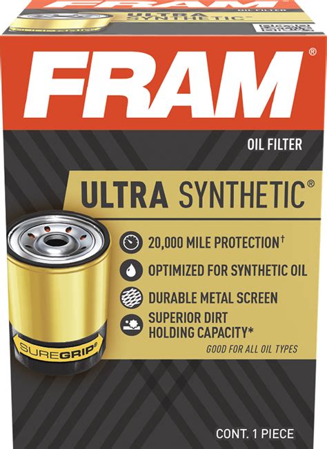 Fram ultra synthetic oil filter guide. FRAM PH6607 Extra Guard Oil Filter. Proven protection for up to 8,000 kms. (113) Not available online. FRAM® Ultra Synthetic™ XG9972 Oil Filter. Dual layered, synthetic and cellulose media is reinforced with a metal screen for longer drain intervals and 99% dirt-trapping efficiency. (79) Not available online. 