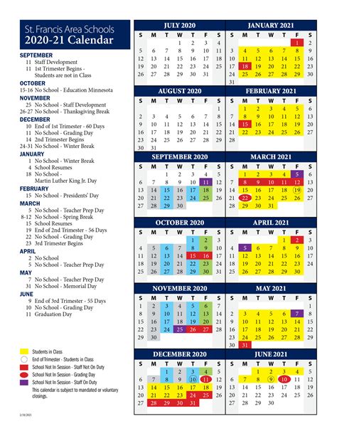 Francis Parker Academic Calendar 2021
