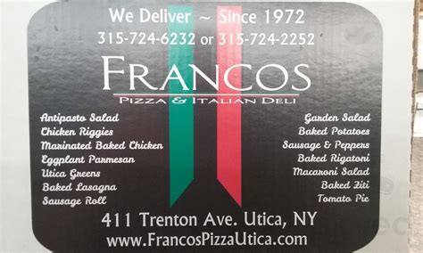 Francos ilion. Free Business profile for FRANCOS PIZZA at 80 Central Plz, Ilion, NY, 13357-1701, US. FRANCOS PIZZA specializes in: Eating Places. This business can be reached at (315) 894-5580 