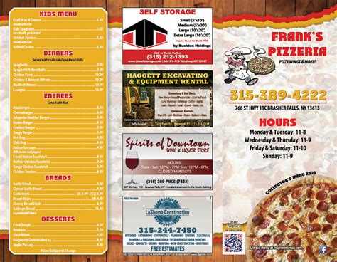 Frank's Pizza & Restaurant - Menu - Sparta. Menu for Frank's Pizza & Restaurant. Appetizers. Antipast Classico. fresh mozzarella, provolone, cubes, prosciutto, roasted peppers, artichoke hearts, marinated mushrooms and balsamic. $8.50. Garlic Bread. French Fries. $2.25. Onion Rings. $4.00. Garlic Knots with Sauce. $1.50. Eggplant Rollatini. $7.00.. 