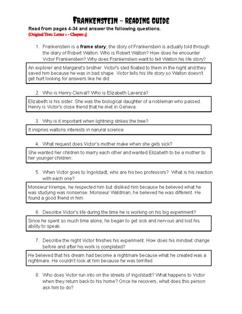 Frankenstein Reading Guide Question Answers