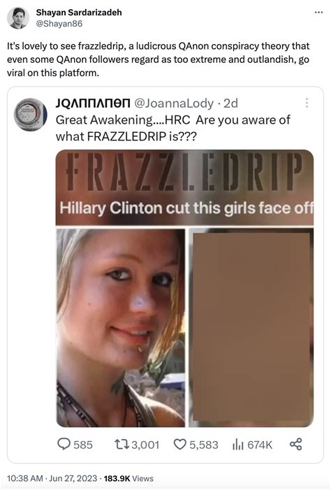 Frazzildrip. A Dec. 16 Instagram reel shows video clips and photos of Clinton that suggest she is not human, but a reptile. At one point, the video shows side-by-side photos of Clinton with her mouth open and ... 