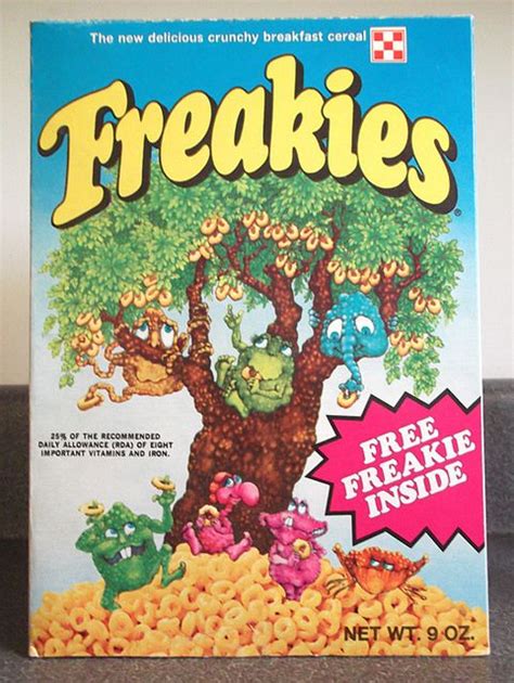 Freakies cereal. Ralston Purina Fruity Freakies (1975 - 1976) The Freakies (1971 - 1976) were a group of mutated critters who lived under the abundant Freakies tree and enjoyed eating their cereal. They were created by Jackie End. The original Freakies were named Boss Moss (John Wayne sound-a-like), Grumble, Cowmumble, Hamhose, … 