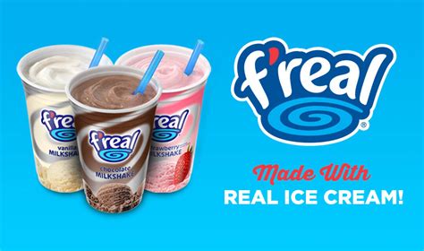 Freal ice cream. f'real frozen dairy products are made with real ingredients, including fresh fruit and real ice cream. They come in a variety of flavors, so you can find the one that best fits your needs and preferences. f'real products facilitate an interactive experience for customers that allows them to customize their treats. 