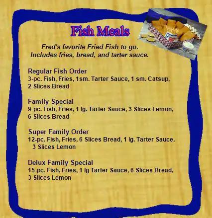 Fred's fish fry menu. Things To Know About Fred's fish fry menu. 