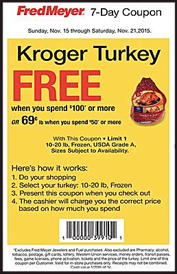 Fred meyer free turkey 2023. A 3-pound Butterball boneless turkey breast roast serves about 2-6 guests; Each bite of Butterball turkey breast roast is tender, juicy and flavorful; Turkey breast roast made with turkey breast meat contains 20g of protein per serving 