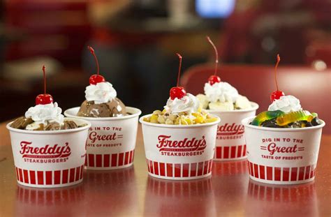 Freddies frozen custard. Freddy's Frozen Custard & Steakburgers is more than your traditional American hamburger restaurant. After your delicious dinner, make sure and try the freshly churned creamy desserts. The frozen custard desserts are richer, denser and creamier than ice cream and frozen yogurt. Freddy's is often voted best ice cream, best burger and best fries ... 