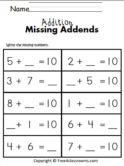 Free 1 Digit Addition Math Worksheet Missing Addends Free