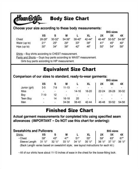 Free 10 Size Chart Templates In Ms Word Pdf Excel