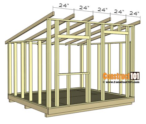 Free 10 x 10 shed plans. The first step of the project is to build the floor frame for the 16×24 storage shed. Use 2×8 lumber for the joists and cut them, as shown in the diagram. Drill pilot holes through the long beams and insert 3 1/2″ screws into the perpendicular joists. Place the joists every 16″ on center. 