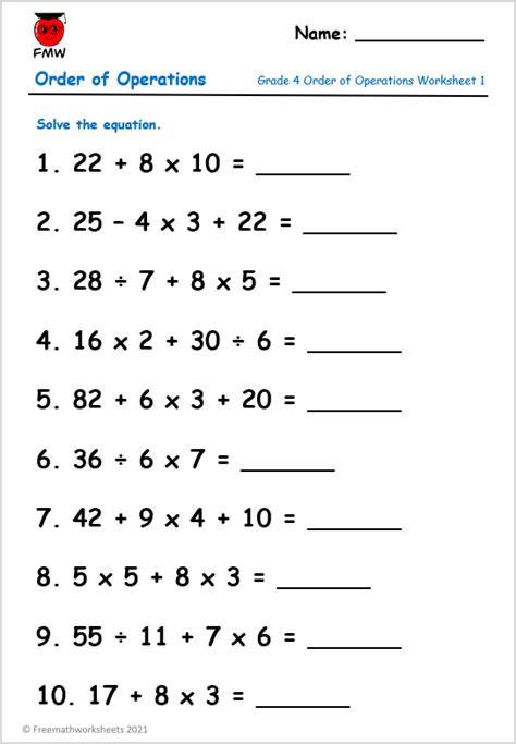 Free 11 Sample Order Of Operations Worksheet Templates In Pdf