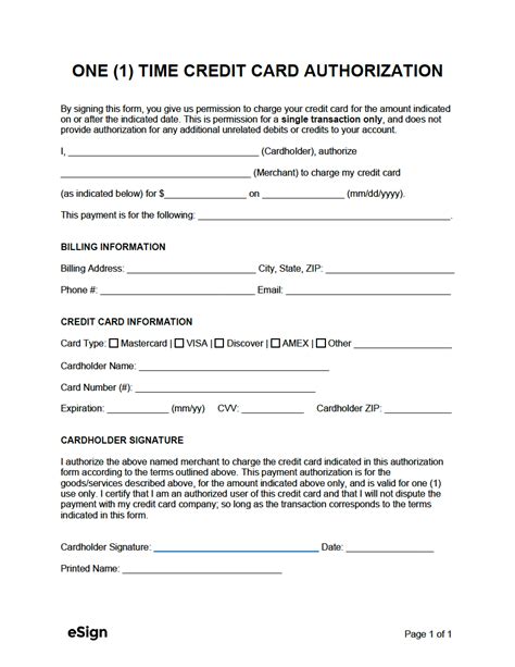 Free 1Time Credit Card Payment Authorization Form PDF