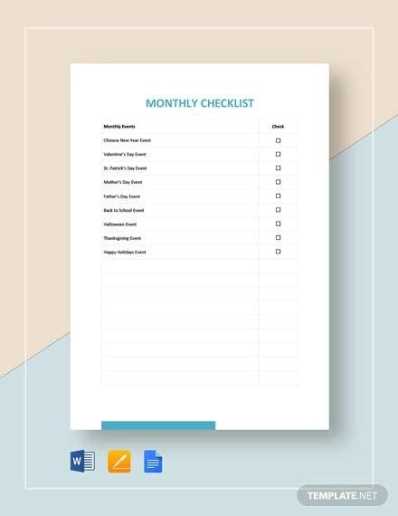 Free 20 Monthly Checklist Samples Templates In Excel Ms Word Pdf Google Docs Pages