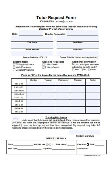 Free 30 Tutor Request Forms Pdf Ms Word Excel