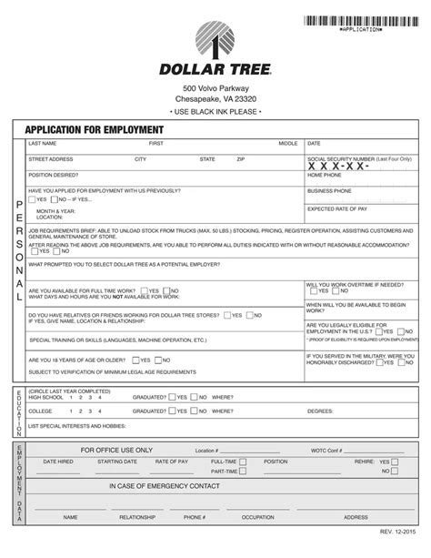 Free 5 Dollar Tree Application Forms In Pdf