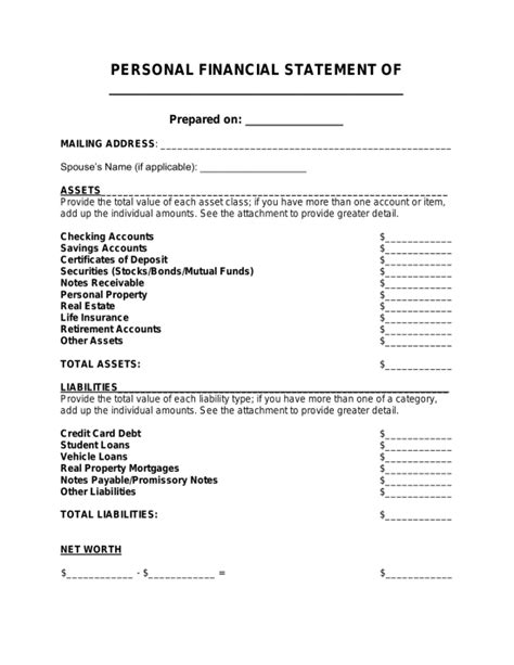 Free 7+ Personal Financial Statement Forms In Pdf in Blank Personal