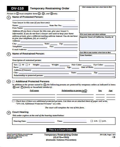 Free 7 Sample Restraining Order Forms In Ms Word Pdf